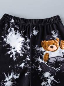 SHEIN 男大童紮染小熊印花套頭衫和運動褲 - 黑色 - 查看 8