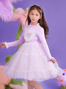 女大童愛心圖案褶邊網紗覆蓋洋裝