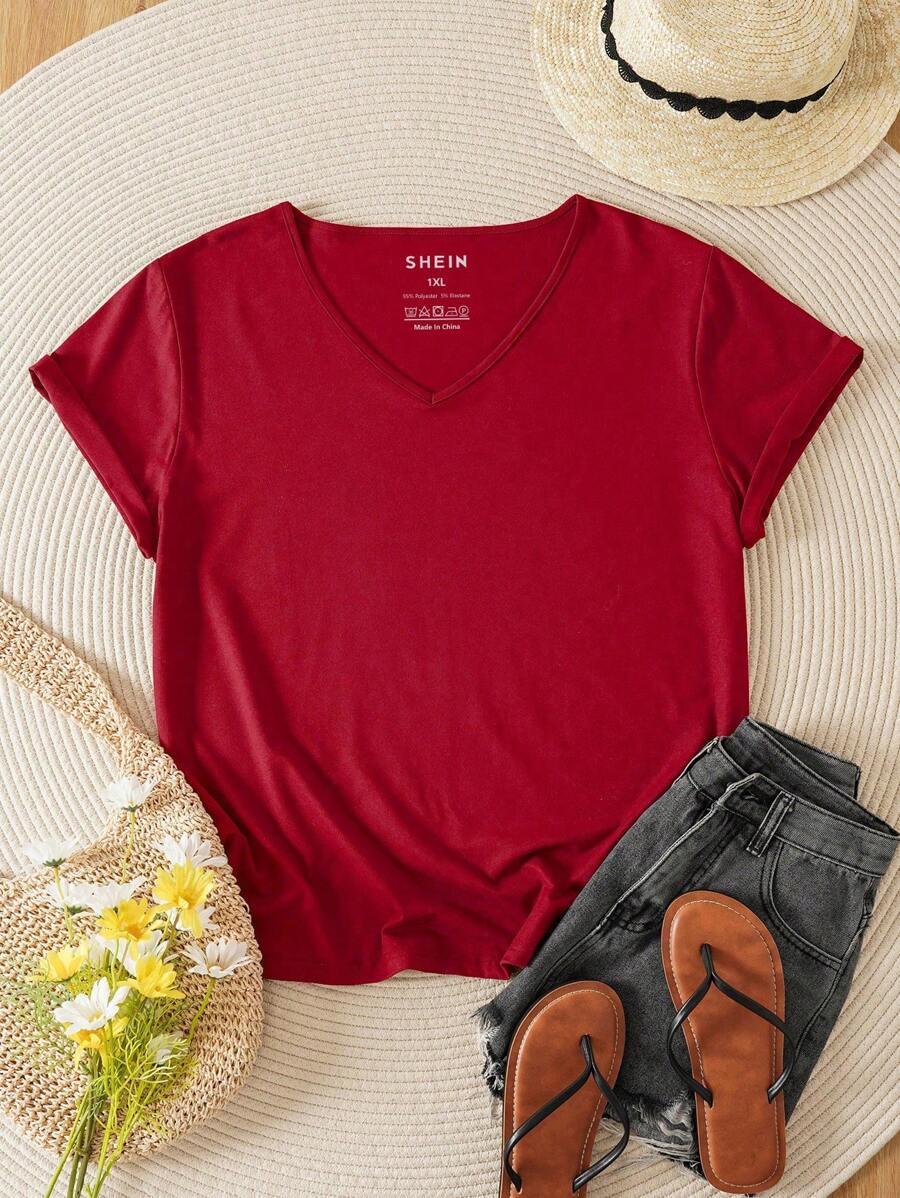 INAWLY Plus Solid V Neck Tee