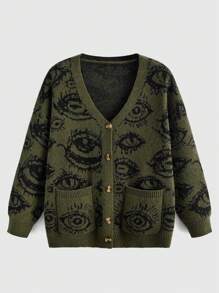 ROMWE Grunge Punk Eye Pattern Drop Shoulder Cardigan, School,Long Sleeve Tops - Army Green - View 1