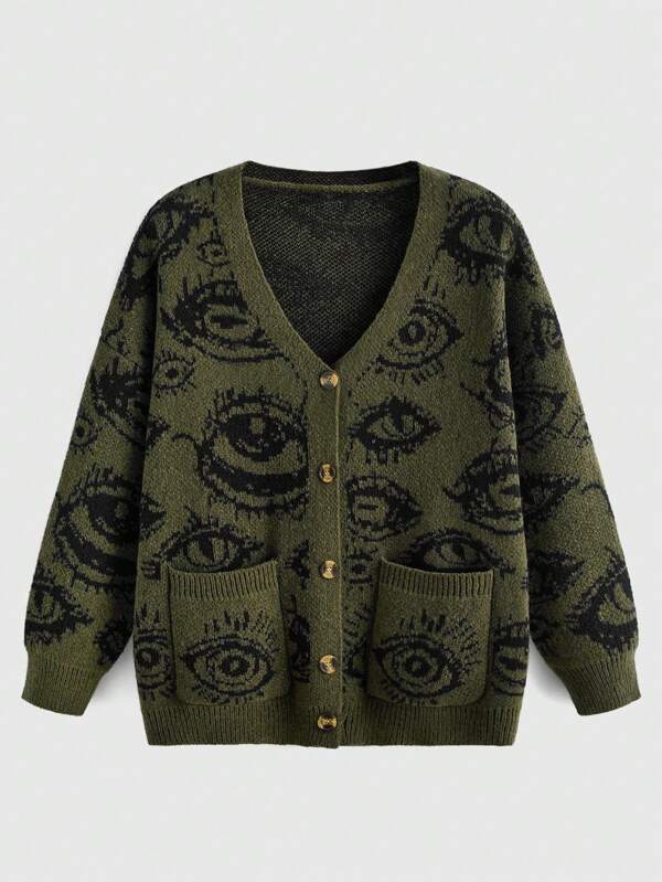Grunge Punk Eye Pattern Drop Shoulder Cardigan, School,Long Sleeve Tops