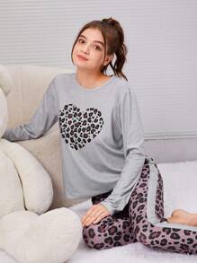 SHEIN Teen Girls' Knit Heart & Leopard Pattern Drop Shoulder T-Shirt And Pants Pajama Set - Grey - View 4