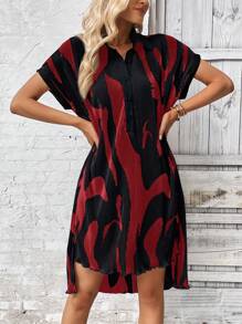 SHEIN LUNE Graphic Print Batwing Sleeve High Low Hem Shirt Dress - Rose Red - View 4