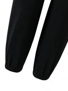 SHEIN Tween Girl Rhinestone Letter Pattern Zip Up Hooded Sweatshirt & Sweatpants - Black - View 3