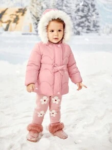 SHEIN 女婴同款系带毛绒装饰连帽棉服外套