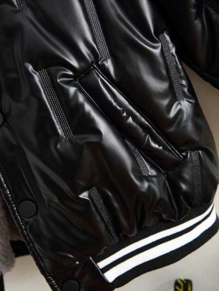 Young Boy Striped Trim Teddy Lined PU Leather Jacket
