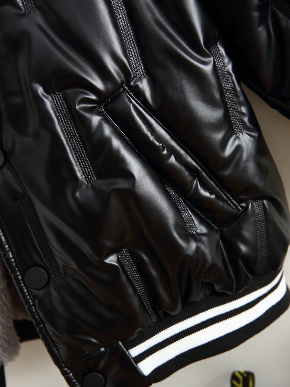 Young Boy Striped Trim Teddy Lined PU Leather Jacket