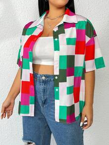 SHEIN LUNE Plus Plaid Print Drop Shoulder Shirt - Multicolor - View 4