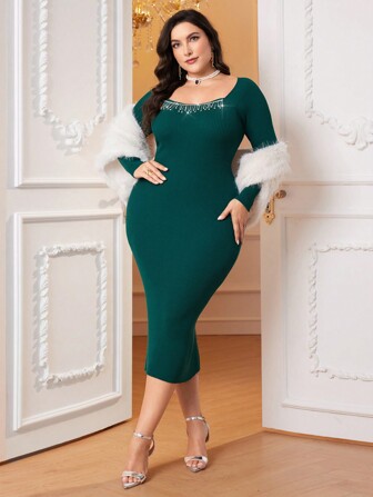 Modelyn 大碼1入組水鑽細節緊身毛衣洋裝