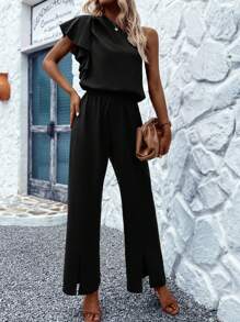 SHEIN LUNE Một bờ vai Viền chia cắt Áo liền quần - màu đen - Xem 6