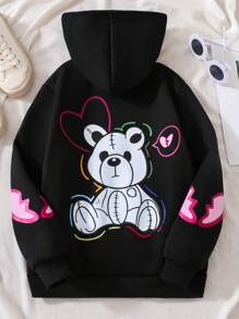 SHEIN Áo nỉ giữ nhiệt có lót, in hình gấu, túi kangaroo, dây rút, dành cho bé gái tuổi teen. - màu đen - Xem 1