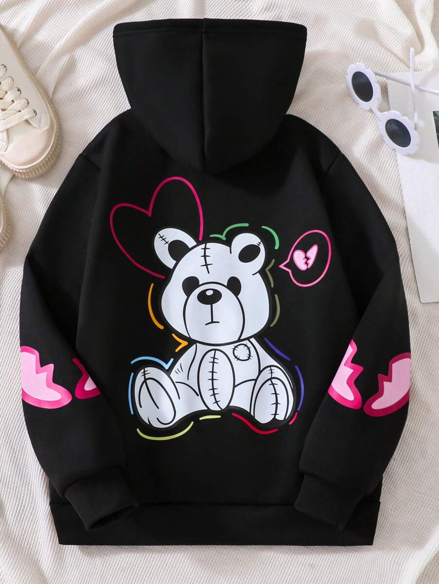 SHEIN Áo nỉ giữ nhiệt có lót, in hình gấu, túi kangaroo, dây rút, dành cho bé gái tuổi teen. - màu đen - Xem 1