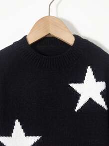 SHEIN Explorewe 女大童星星圖案落肩袖套頭毛衣 - 黑與白 - 查看 3