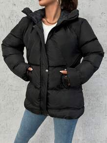 EURMUSE Zip Up Hooded Puffer Coat - Black - View 6