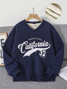 青少年女孩字母圖案保暖襯裡運動衫 - 寶藍色 - 查看 5