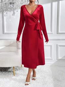 Zolique 純色裹身結側天鵝絨洋裝 - 酒紅色 - 查看 6