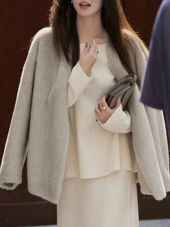 Solid Drop Shoulder Open Front Fuzzy Coat