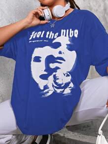 SHEIN EZwear Plus Hình & Slogan Đồ họa Áo thun trễ vai - Màu xanh lam - Xem 1