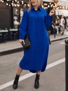 SHEIN LUNE 大碼落肩袖弧形下擺襯衫洋裝 - 寶藍色 - 查看 3