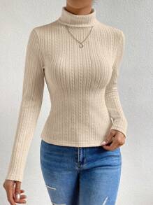 SHEIN Essnce 高領麻花編織T恤 - 卡其色 - 查看 5