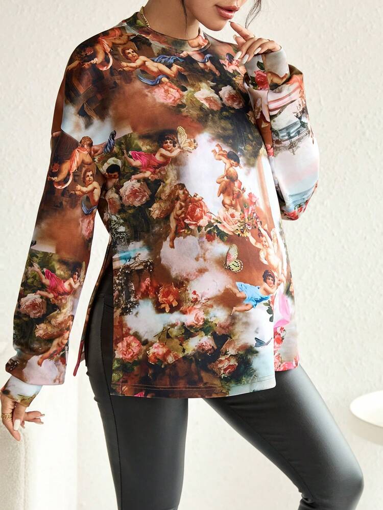 Maternity Figure And Floral Print Drop Shoulder Split Hem Sweatshirt, For Winter