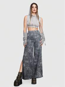 ROMWE Grunge Punk Tie Dye Split Hem Wide Leg Sweatpants - Grey - View 5