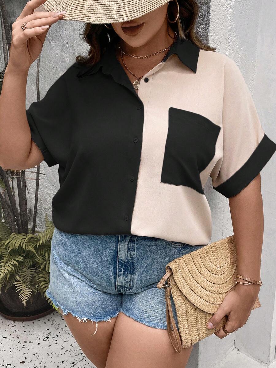 SHEIN Unity Plus Two Tone Batwing Sleeve Patched Pocket Shirt - Black - View 1