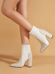 Beige Elastic Comfort Knitted Patchwork Suede Chunky High Heels Women's Fashion Boots, Comfort Knit Pattern Is Random - Beige - View 1