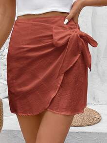 SHEIN Frenchy Solid Knot Side Wrap Hem Skirt Christmas Winter - Redwood - View 5