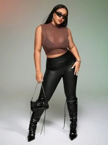 SHEIN ICON Plus Mock Neck Crop Knit Top Without Bra - Brown - View 4