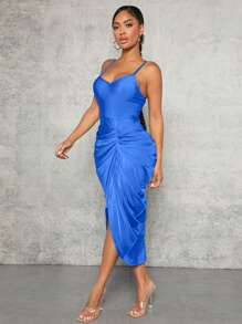 SHEIN SXY Solid Ruched Front Cami Dress - Royal Blue - View 4
