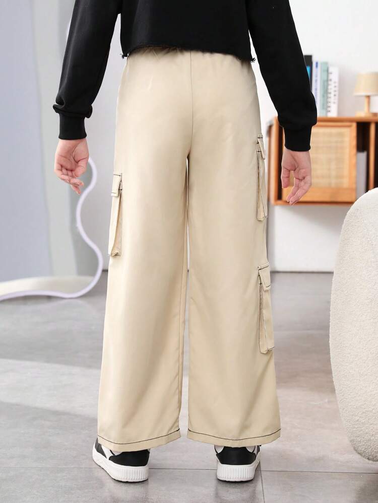 Tween Girl Woven Solid Color Baggy Cargo Pants With Pockets And Waist Bag For Casual Wear