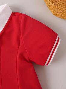 SHEIN Baby Girls Striped Trim Polo Neck Fold Pleated Detail Dress - Red - View 7
