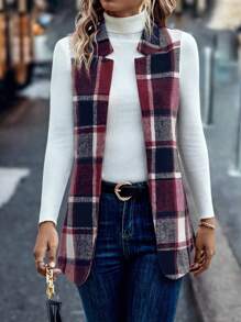 SHEIN LUNE Áo blazer in họa tiết kẻ sọc hở phía trước - Đỏ - Xem 1