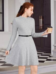 少女针织纯色罗纹小立领开袖长袖连衣裙 - 灰色 - 查看 4