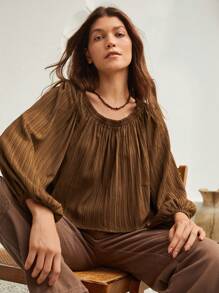 Bohemela 燈籠袖褶皺襯衫 - 棕色 - 查看 1