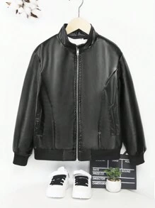 SHEIN Tween Boy Zip Up PU Leather Jacket - Black - View 1