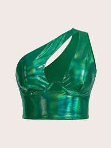 SHEIN ICON 大碼單肩露肩短上衣 - 綠色 - 查看 1