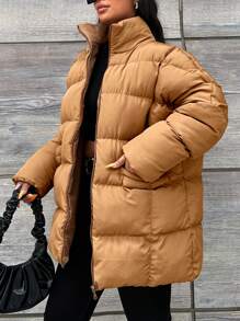 RueChic Plus Zip Up Puffer Coat - Camel - View 3