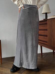 FRIFUL 高腰淨色後開衩直筒裙 - 淺灰色 - 查看 7