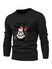 Men Snowman Pattern Long Sleeve Round Neck Sweater, For Halloween - Black - View 3