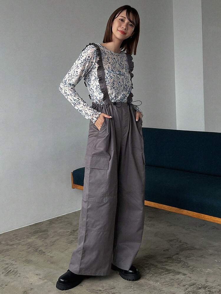 Solid Wide Leg Suspender Pants