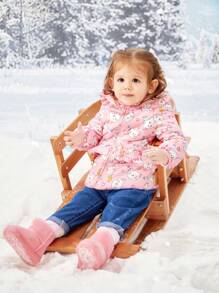 SHEIN Baby Girl Cartoon Graphic Ruffle Trim Hooded Coat - Pink - View 5