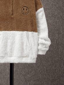 SHEIN Tween Boy Two Tone Cartoon Embroidery Kangaroo Pocket Half Zip Teddy Hoodie - Multicolor - View 6