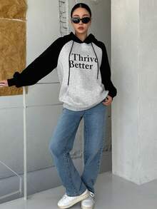 DAZY Letter Graphic Raglan Sleeve Drawstring Hoodie - Grey - View 6