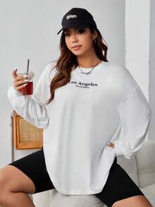 SHEIN EZwear 大碼字母圖案落肩T恤 - 白色 - 查看 5