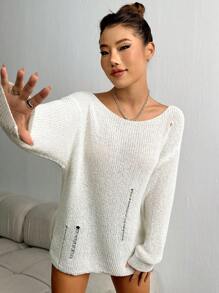 SHEIN Unity Fashionable Casual Hollow Out Loose Knit Sweater - White - View 4
