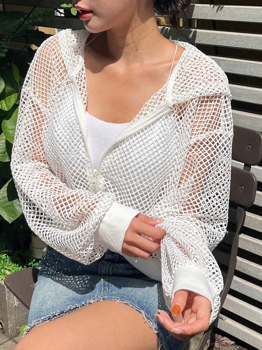 DAZY Hollow Out Drop Shoulder Crop Jacket - White - View 1