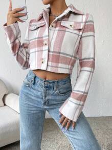 SHEIN Essnce Plaid Print Flap Detail Crop Overcoat - Watermelon Pink - View 1