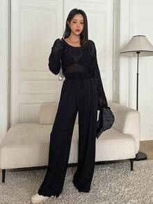 DAZY Áo len dệt kim Pointelle thả vai rắn chắc - màu đen - Xem 3